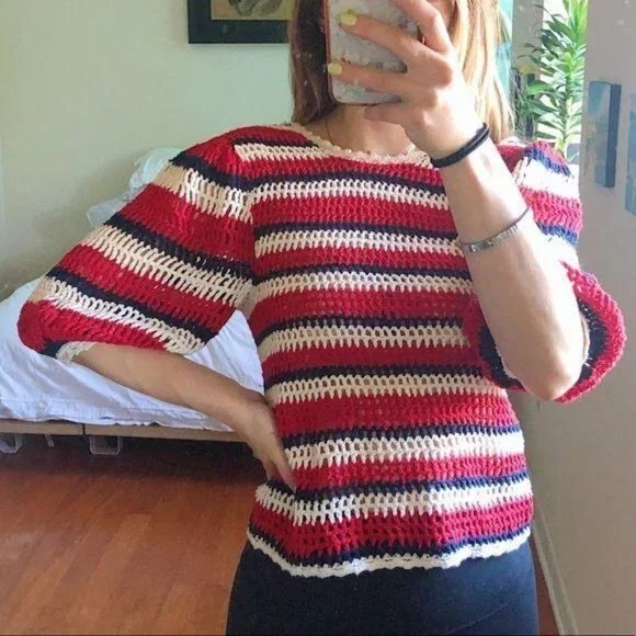 Ulla Johnson Amata Puff Sleeve Striped Sweater Red XSP - Picture 2 of 8